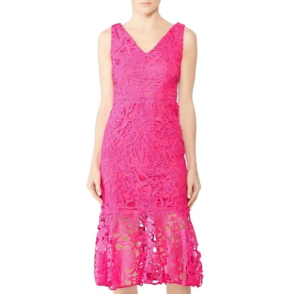 Alexia Admor Floral Lace V-neck Peplum Hem Eyelet Pink Midi Dress - Picture 3 of 14